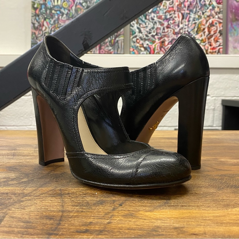 Black Prada Crackle Brush Leather Mary Jane Pump